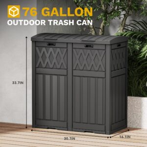 DWVO 76 Gallon Garbage Dual Can, Resin Outdoor Trash Can with Tiered Lid and Drip Tray, Waterproof Trash Bin for Patio, Kitchen, Backyard (Black)