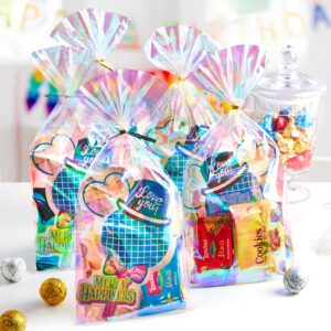 Ohuimrt Iridescent Cellophane Treat Bags, 5 x 11 Inches Plastic Holographic Goodie Bags, 100 PCS Party Favor Bags with 100 PCS Ties for Candies, Snacks, Small Gifts