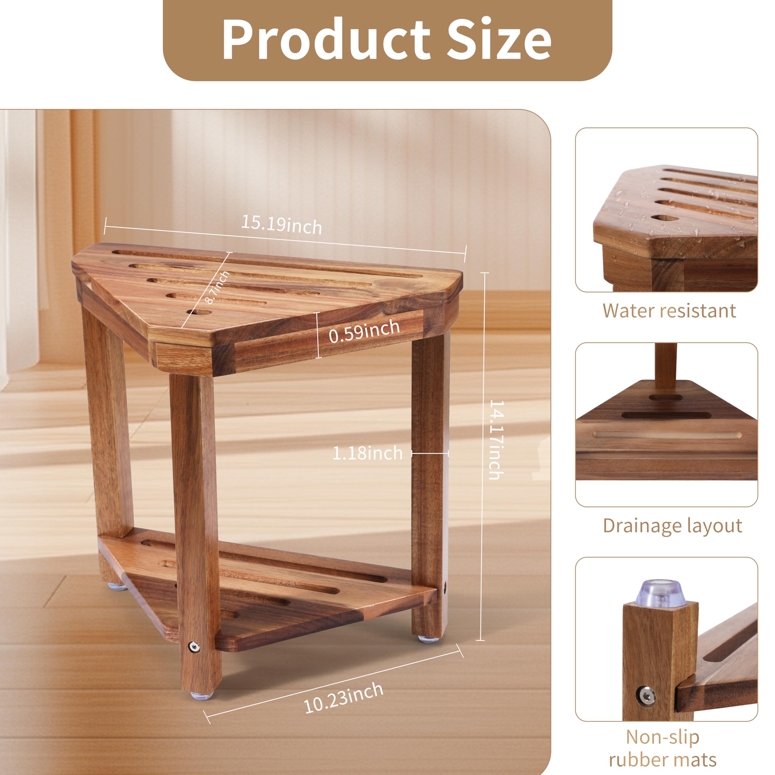 Boulphia Shower Foot Rest 14in, Acacia Wood Shower Stool for Shaving Legs, Waterproof Corner Shower Stool with Storage Shelf for Inside Small Shower Spaces