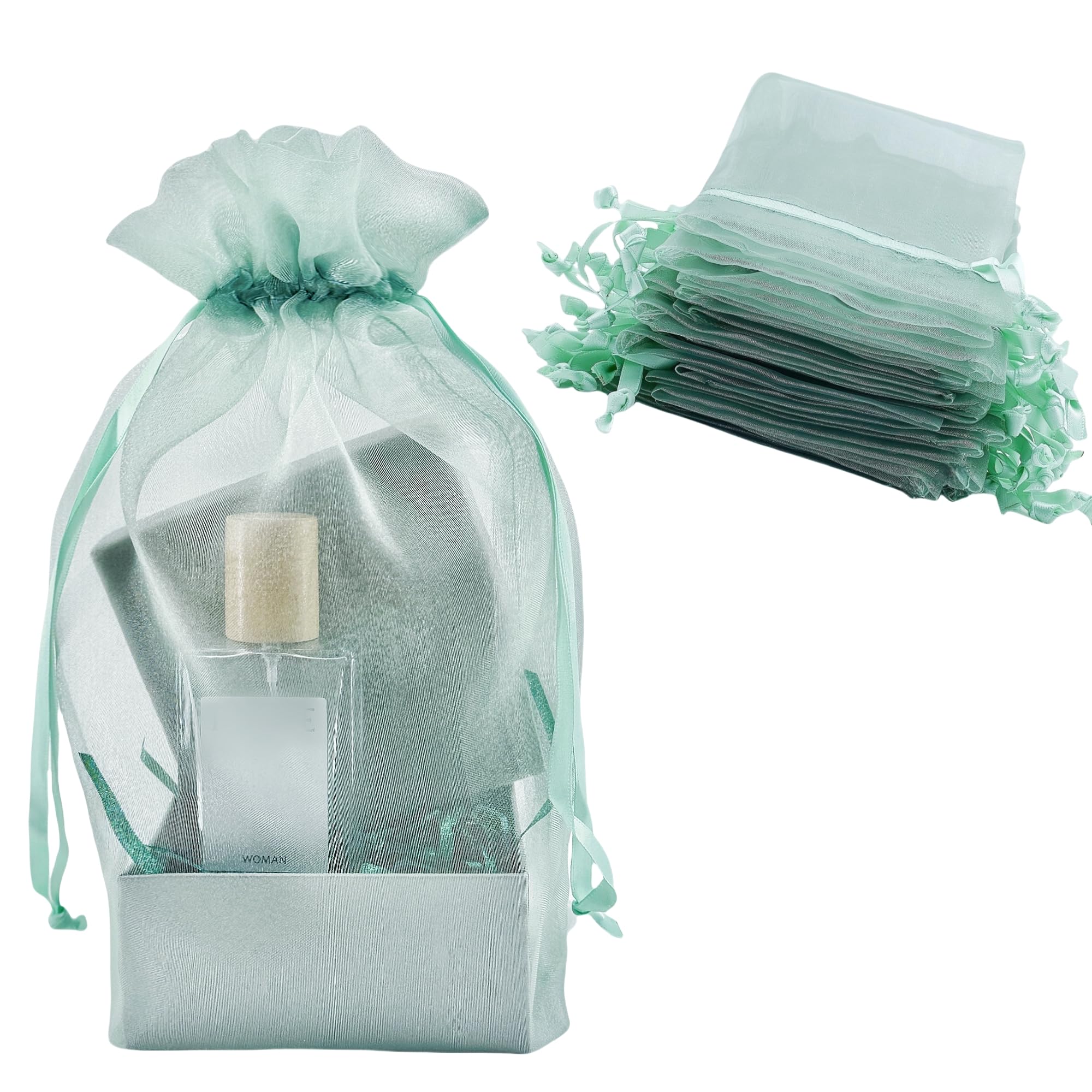 QIANF 20 Pcs 8x12 Light Green Sheer Organza Gift Bags with Drawstring, Large Mesh Pouch Goodie Bags Candy Jewelry Wedding Party Favor Bags Gift Wrapping Supplies