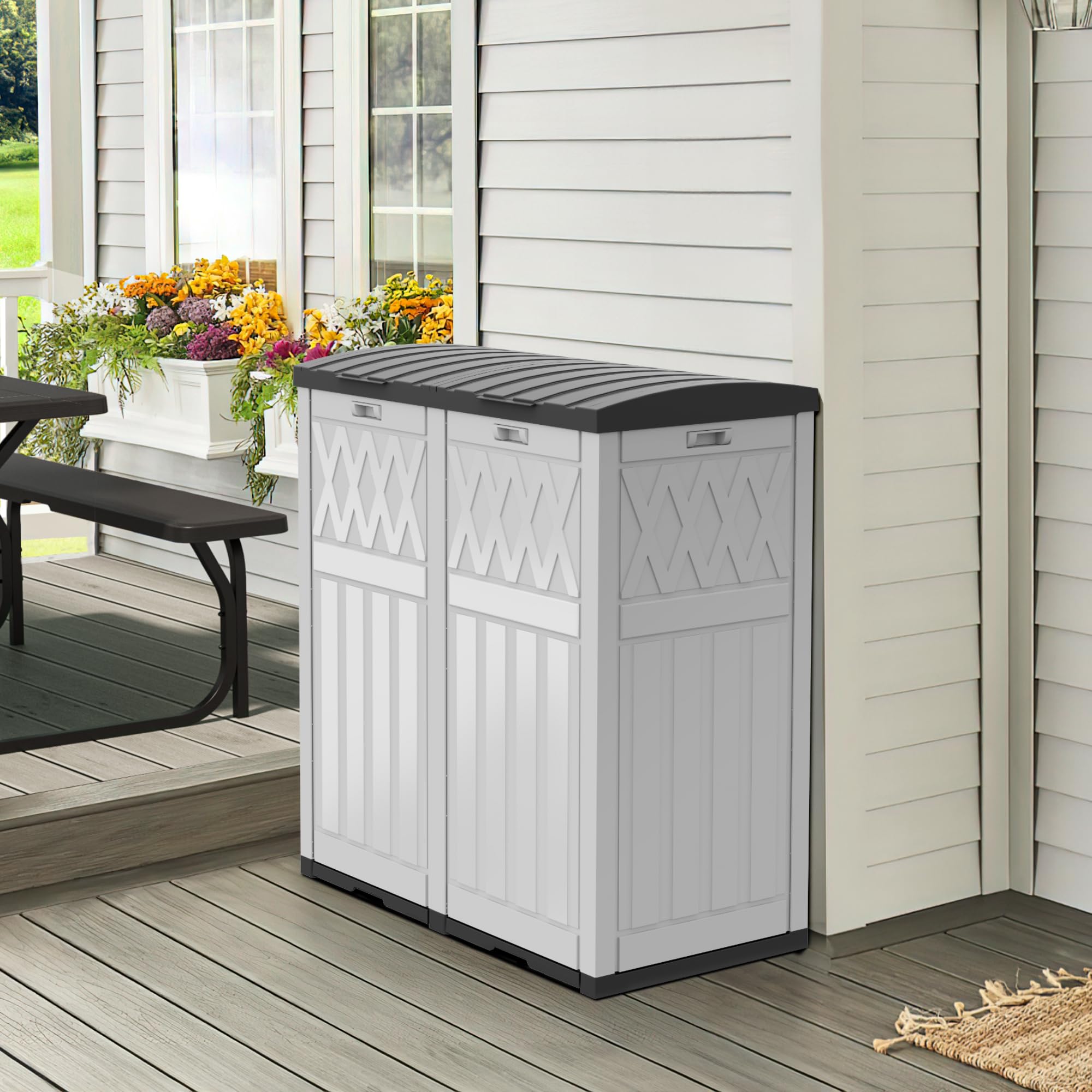 DWVO 66 Gallon Double-Bin Outdoor Trash Can, Waterproof Resin Garbage Can with Tiered Lid and Drip Tray for Patio, Kitchen, Deck, and Backyard, Grayish-White