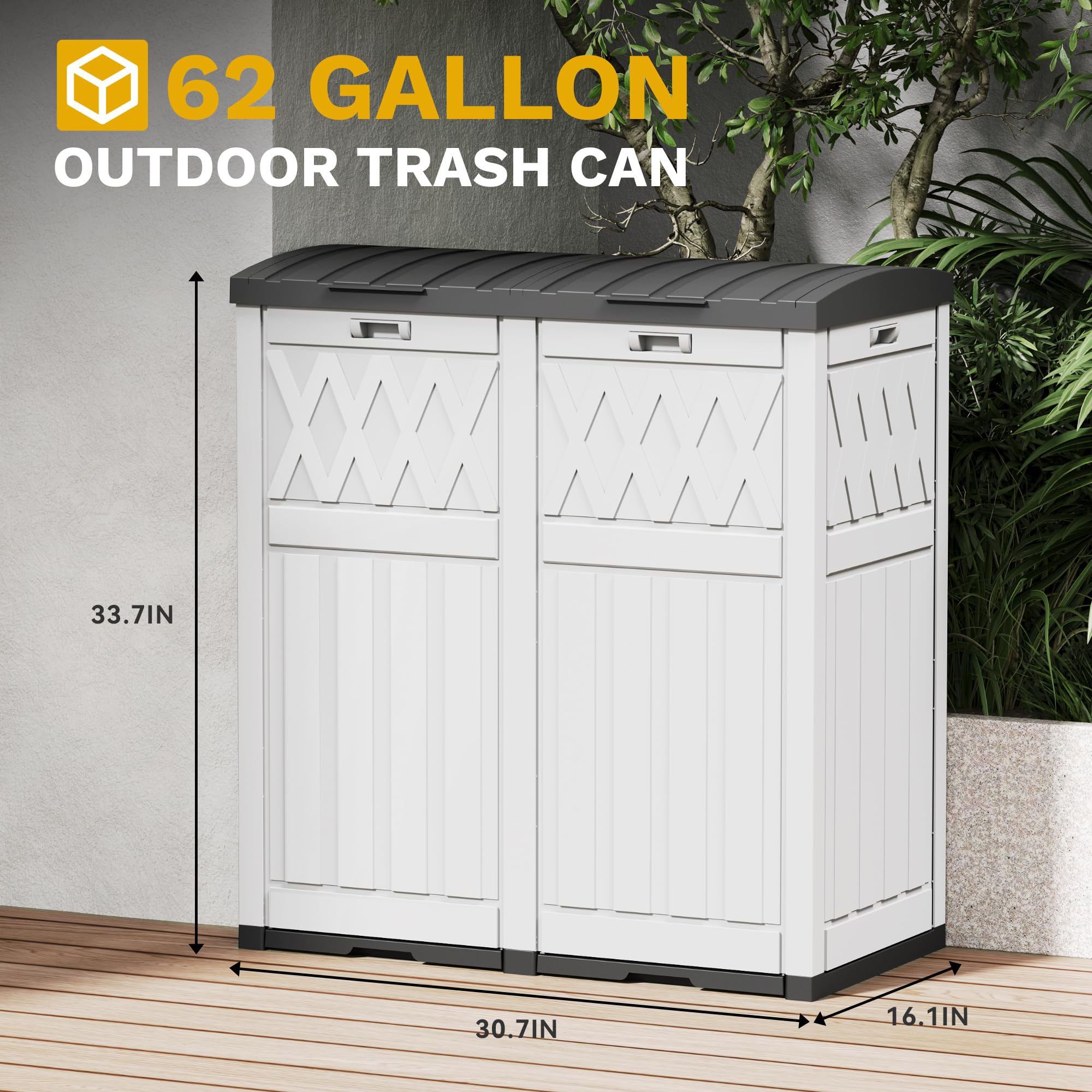 DWVO 66 Gallon Double-Bin Outdoor Trash Can, Waterproof Resin Garbage Can with Tiered Lid and Drip Tray for Patio, Kitchen, Deck, and Backyard, Grayish-White