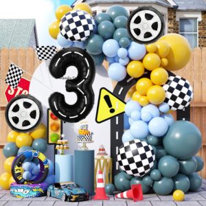 Race Car Birthday Balloons Decorations, 40 Inch Racetrack Black Number 3 Balloon, Eostankr Large Mylar Black 3 Balloon for 3st Birthday Race Car Theme Party Decor Supplies 7 Pcs