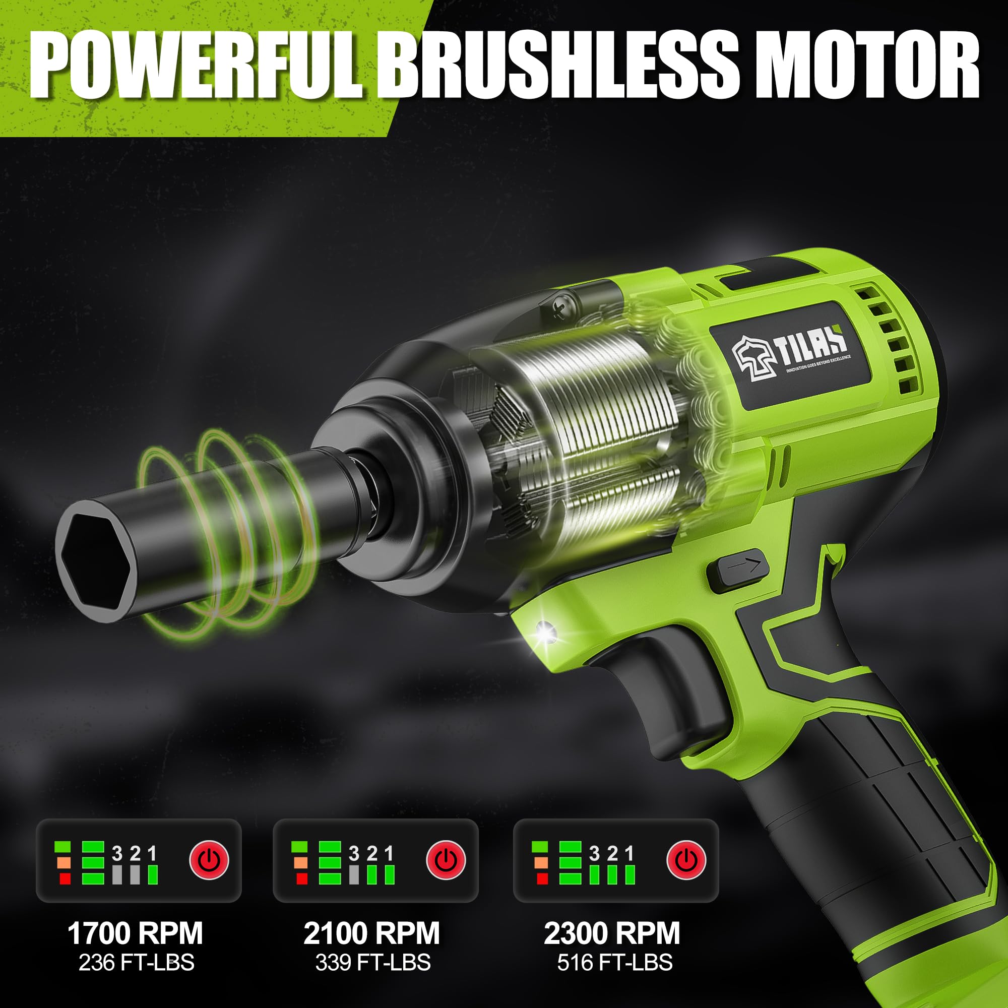 TILAX 21V Cordless Power Impact Wrench 516Ft-lbs(700N.m) High Torque 1/2 inch 4.0Ah Battery Electric Impact Gun with Brushless Motor 2300RPM Speed Fast Charger 5pcs Sockets for Car Lug Nuts