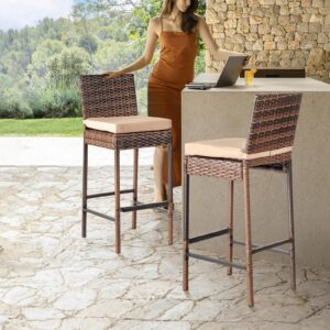 Outvita Patio Wicker Barstools, Outdoor Bar Height Chairs with Seat Cushions & Footrests for Patio Porch Backyard Living Room Balcony, Brown Gradient Rattan & Beige Cushion (2)