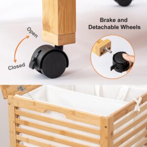 Laundry Hamper with Lid and Wheels, Bamboo Rolling Laundry Hamper with 2 Sections and Removable Liners Bags 120L, Versatile Storage Solutions for Blanket, Toys, Towels (Natural)