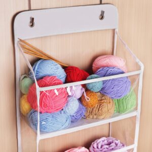 Univivi Door Hanging Yarn Storage Organizer, Knitting and Crochet Organizer Yarn Ball Storage with 5 Clear Plastic Pockets & 2 Big Metal Hooks for Knitting Needles, Crochet Hooks, Yarn Balls