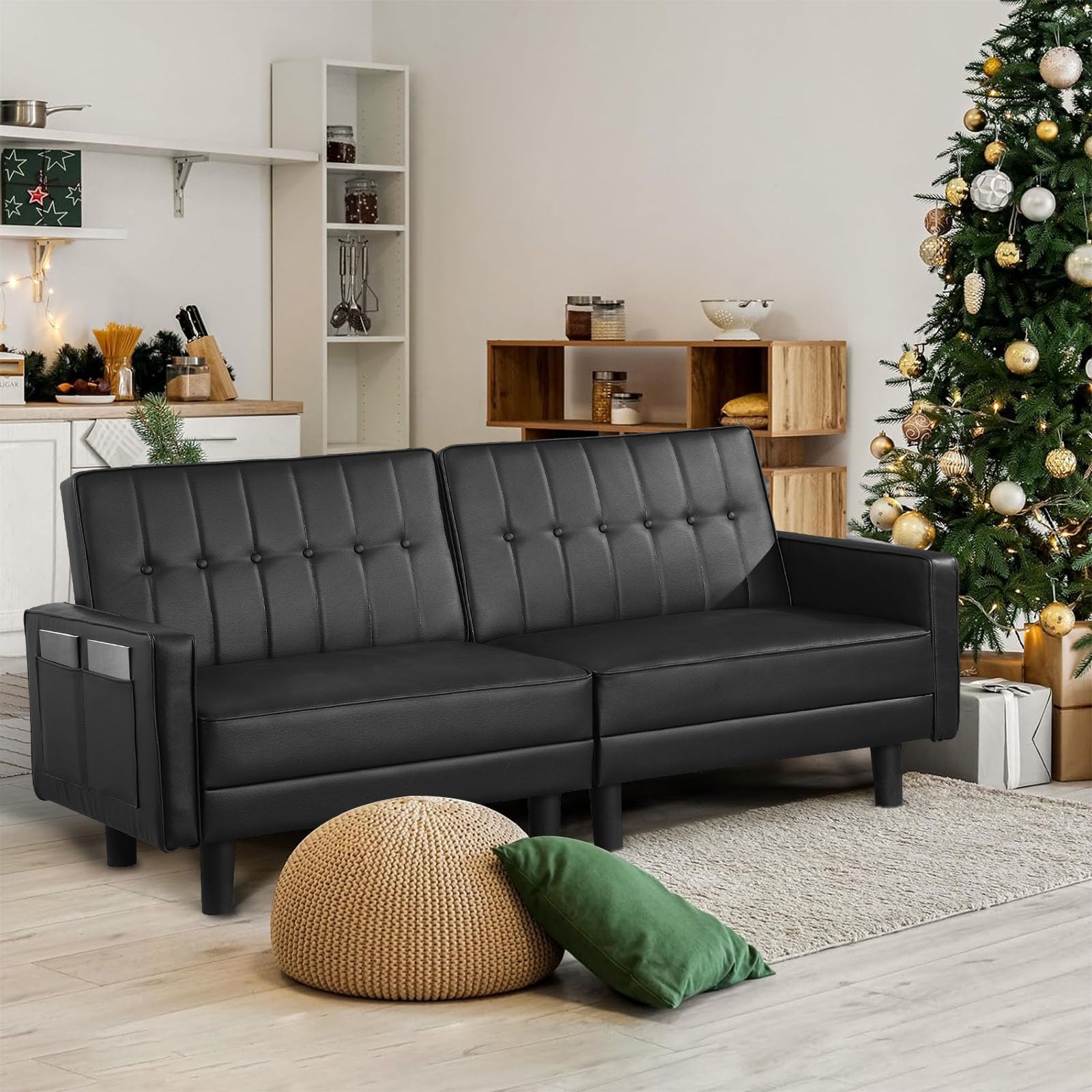 Oprisen 72” Sleeper Futon Sofa Chair Faux Leather Convertible Loveseat Sofa Bed Mid-Century Modern Sofa Tufted Couch for Office/Livingroom/Small Space w/Adjust Backrest/Side Pockets (Black, 2-Seater)