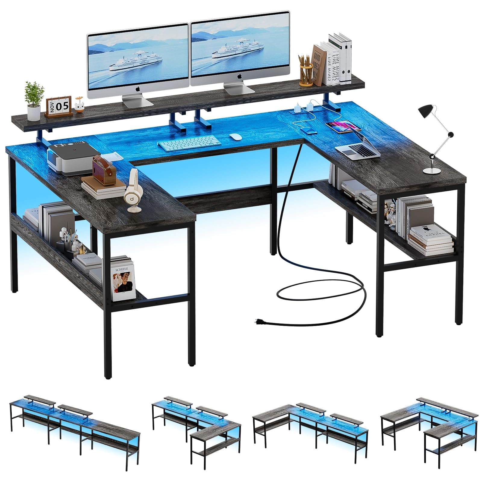 Hyomdeck Customizable U Shaped Desk & L Shaped Office Desks with RGB LED Light, Adjustable Monitor Stand and Power Outlets, Reversible Computer Desk with Storage, Large L Shape Gaming Table, Black Oak