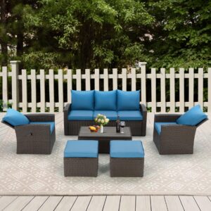 gyutei 6 piece patio furniture set, outdoor sectional conversation rattan sofa set with ottoman and outdoor storage table for garden, porch, backyard(blue)