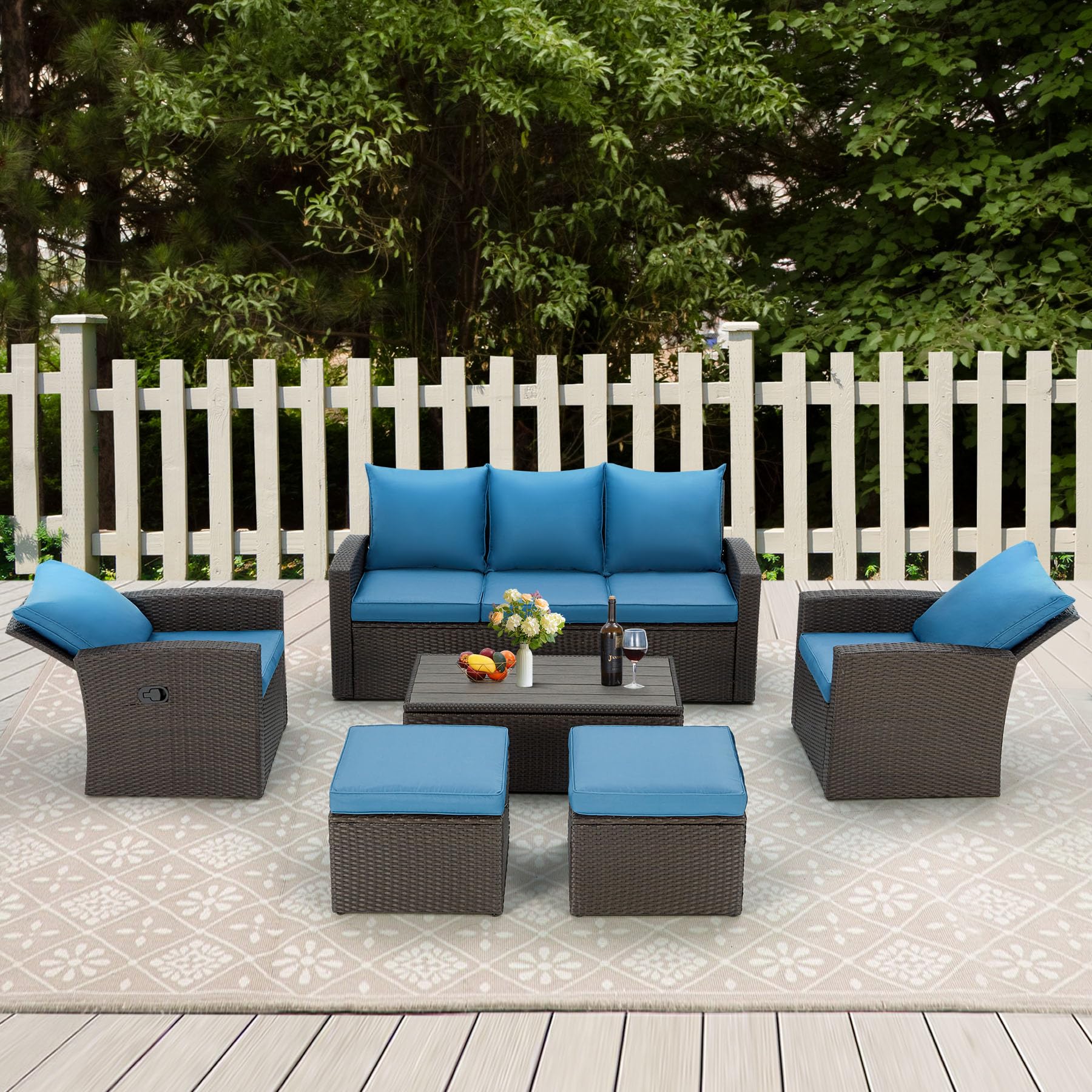 GYUTEI 6 Piece Patio Furniture Set, Outdoor Sectional Conversation Rattan Sofa Set with Ottoman and Outdoor Storage Table for Garden, Porch, Backyard(Blue)