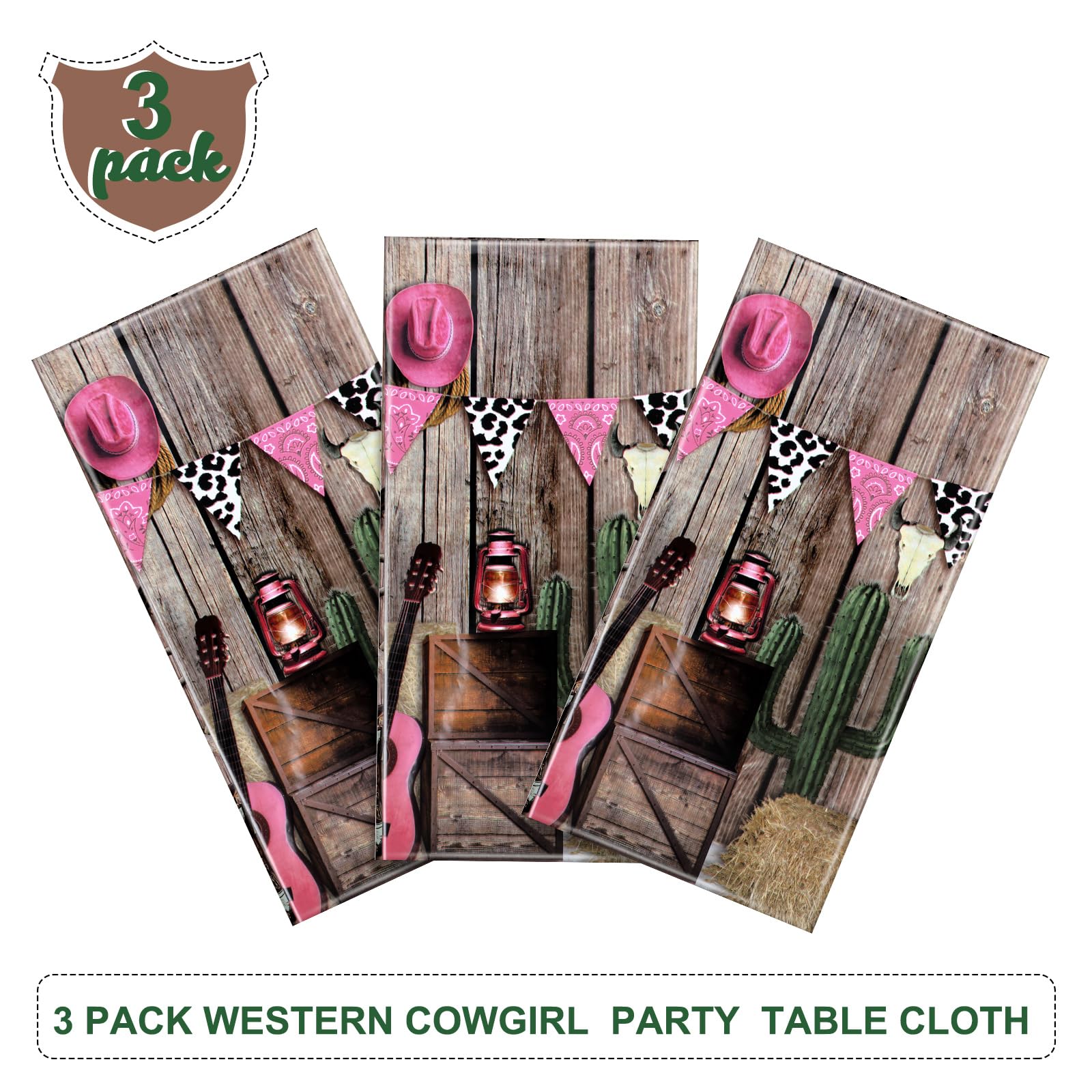 Tiamon 3 Pieces Western Party Tablecloth Western Cowgirl Table Cover Pink Western Cowgirl Plastic Tablecloth Disposable Wild West Table Cover for Baby Shower Birthday Party Supplies, 54 x108 Inch