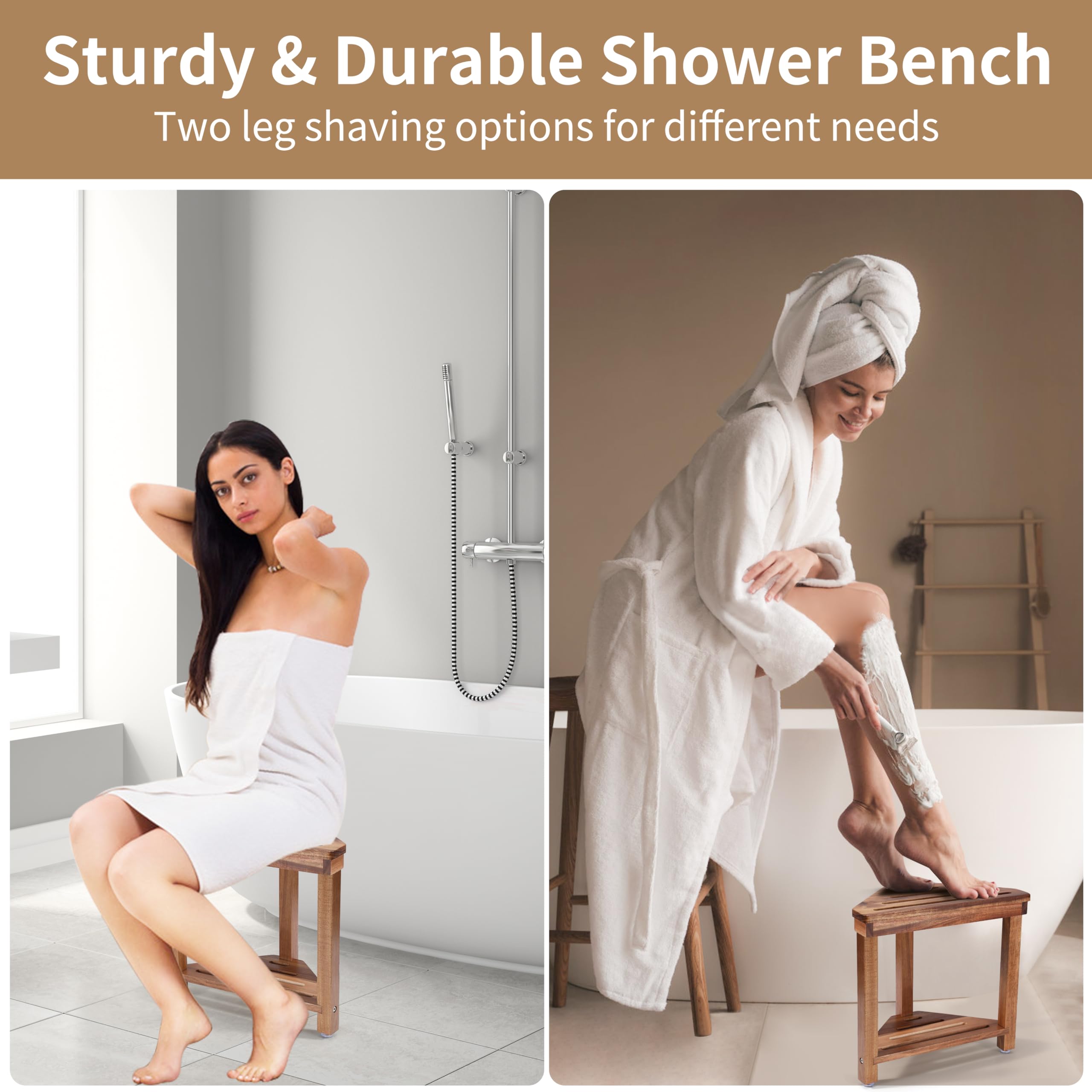 Boulphia Shower Foot Rest 14in, Acacia Wood Shower Stool for Shaving Legs, Waterproof Corner Shower Stool with Storage Shelf for Inside Small Shower Spaces