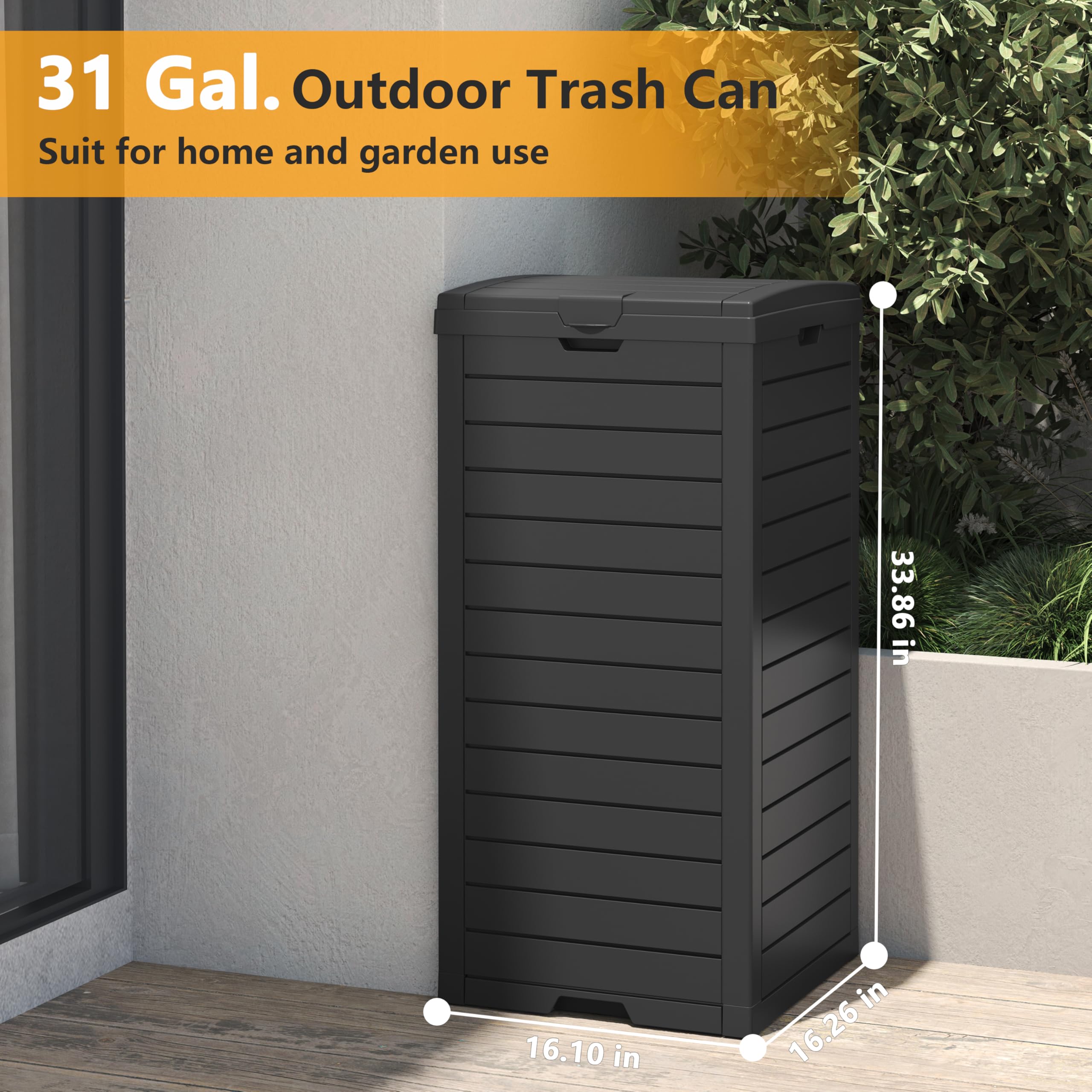 LHBGO Outdoor Trash Can, 31 Gallon Garbage Can with Tiered Lid and Drip Tray, Waterproof Resin Outside Trash Bin for Patio, Backyard, Deck