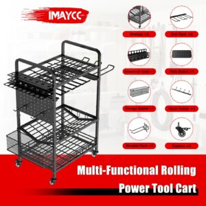 IMAYCC Power Tool Organizer Garage Storage 6 Drill Tool Holder Rack Rolling Tool Cart on Wheels 3 Tier Heavy Duty Metal Shelving for Drill Workshop Garage Organization Gift for Men Dad