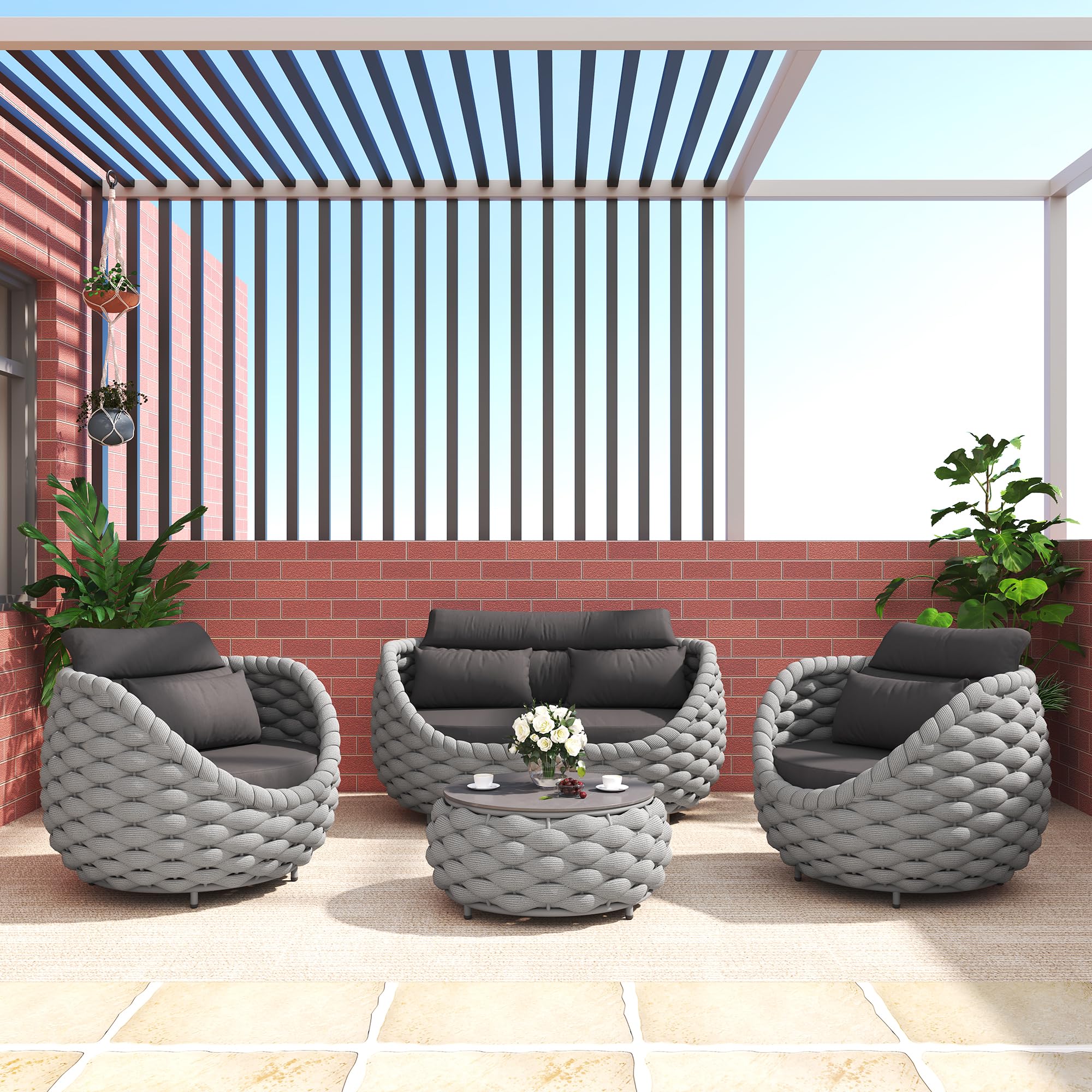 TWT Patio Furniture Set 4 Pieces Aluminum Outdoor Furniture w/27.8in Coffee Table,Patio Conversation Set with Hand Woven Polyester Rope for Backyard Garden Poolside,Gray