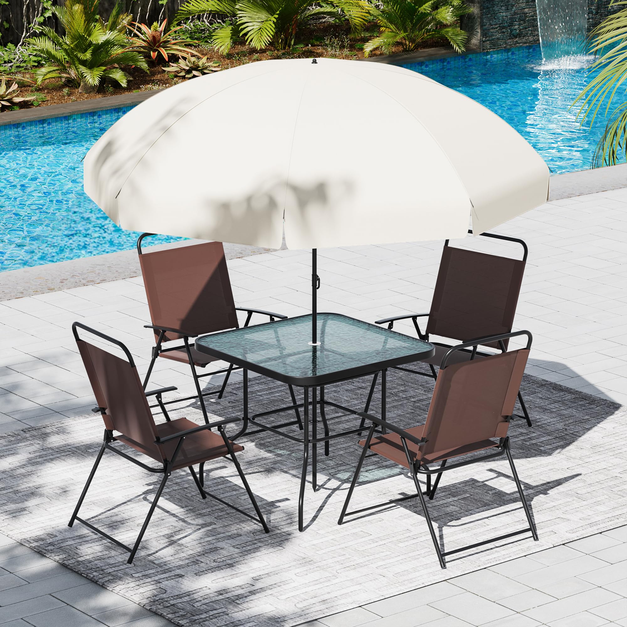 Amopatio Patio Dining Set for 4, Outdoor Table and Chairs with Umbrella, 4 Folding Dining Chairs & Glass Table for Lawn, Deck, Garden, Backyard, Deck, Brown, Patio Furniture Set