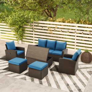 GYUTEI 6 Piece Patio Furniture Set, Outdoor Sectional Conversation Rattan Sofa Set with Ottoman and Outdoor Storage Table for Garden, Porch, Backyard(Blue)