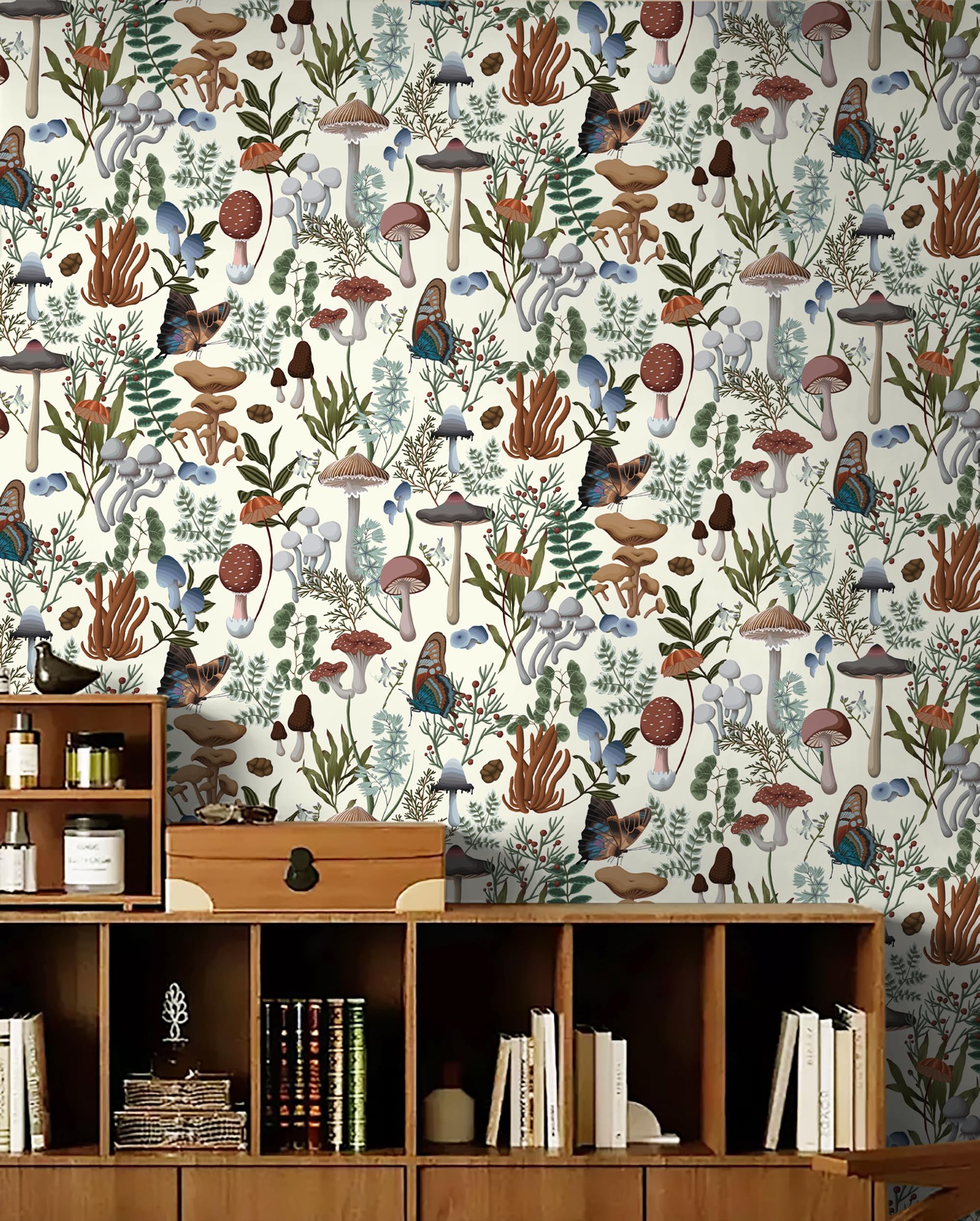 EeeComing Mushroom Wallpaper Peel and Stick Wallpaper Boho Wallpaper 78.7" x 16.14" Mushroom Contact Paper Removable Wallpaper for Bedroom Living Room Bookcase Bathroom Self Adhesive Vinyl