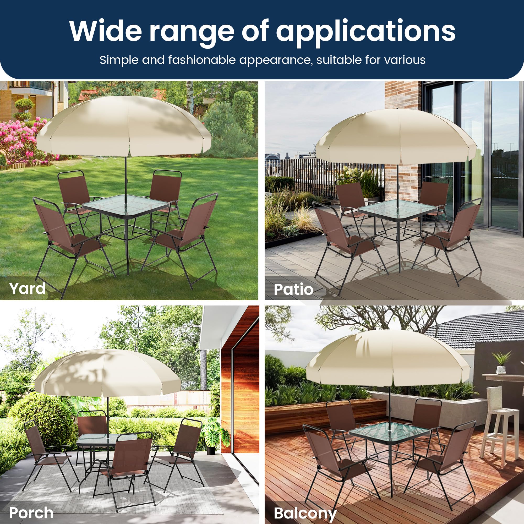 Amopatio Patio Dining Set for 4, Outdoor Table and Chairs with Umbrella, 4 Folding Dining Chairs & Glass Table for Lawn, Deck, Garden, Backyard, Deck, Brown, Patio Furniture Set