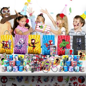 116 PCS Spider and His Amazing Friends Party Favor for Kids Birthday, Spider Superhero Supplies Gifts and Theme Decorations, Classroom Rewards, Include Mask, Slap Bracelet, Bags, Stickers, Keychains