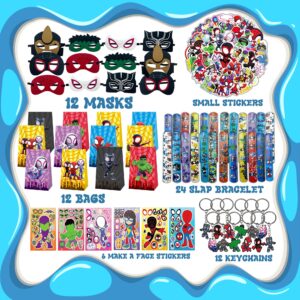 116 PCS Spider and His Amazing Friends Party Favor for Kids Birthday, Spider Superhero Supplies Gifts and Theme Decorations, Classroom Rewards, Include Mask, Slap Bracelet, Bags, Stickers, Keychains