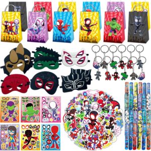 116 pcs spider and his amazing friends party favor for kids birthday, spider superhero supplies gifts and theme decorations, classroom rewards, include mask, slap bracelet, bags, stickers, keychains