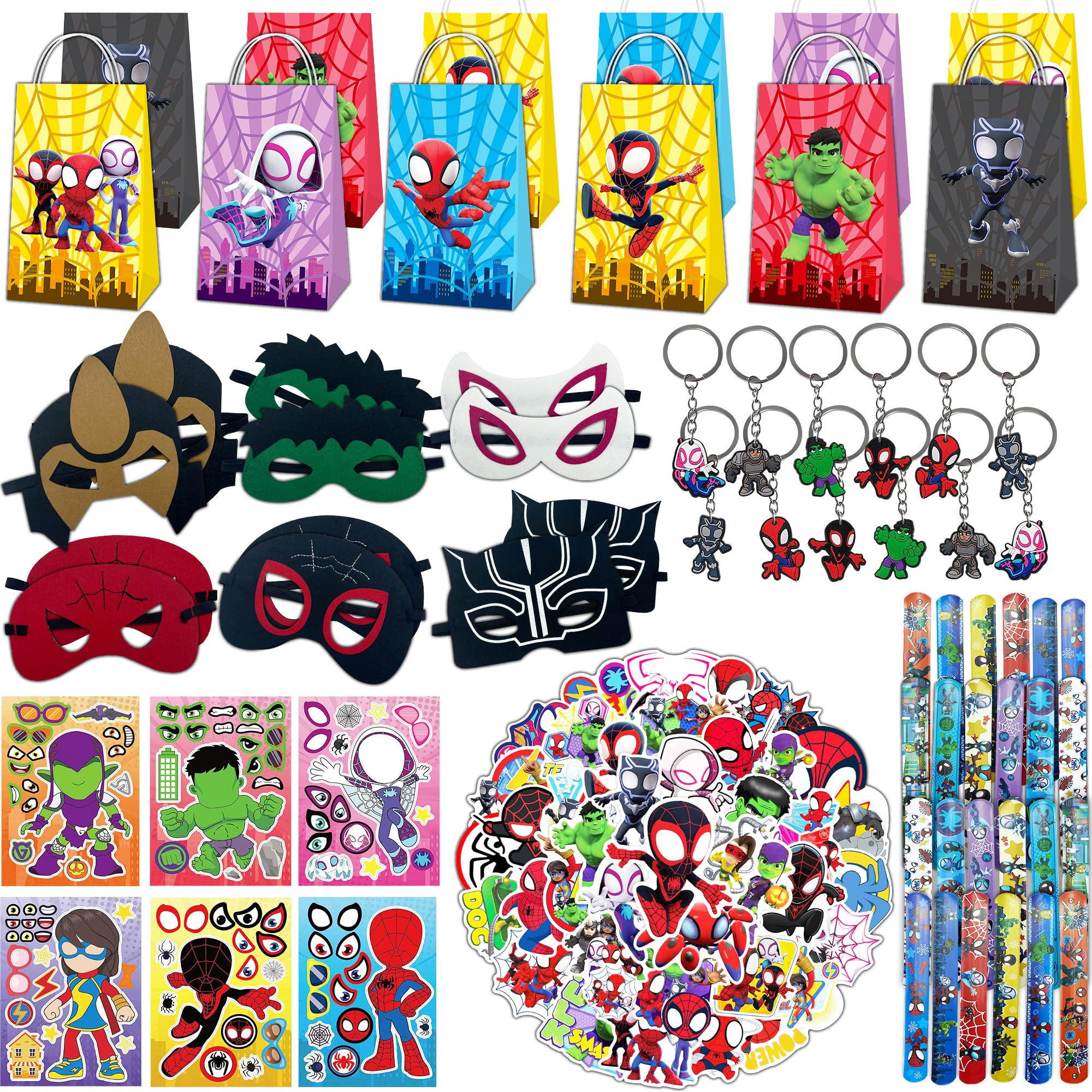 116 PCS Spider and His Amazing Friends Party Favor for Kids Birthday, Spider Superhero Supplies Gifts and Theme Decorations, Classroom Rewards, Include Mask, Slap Bracelet, Bags, Stickers, Keychains