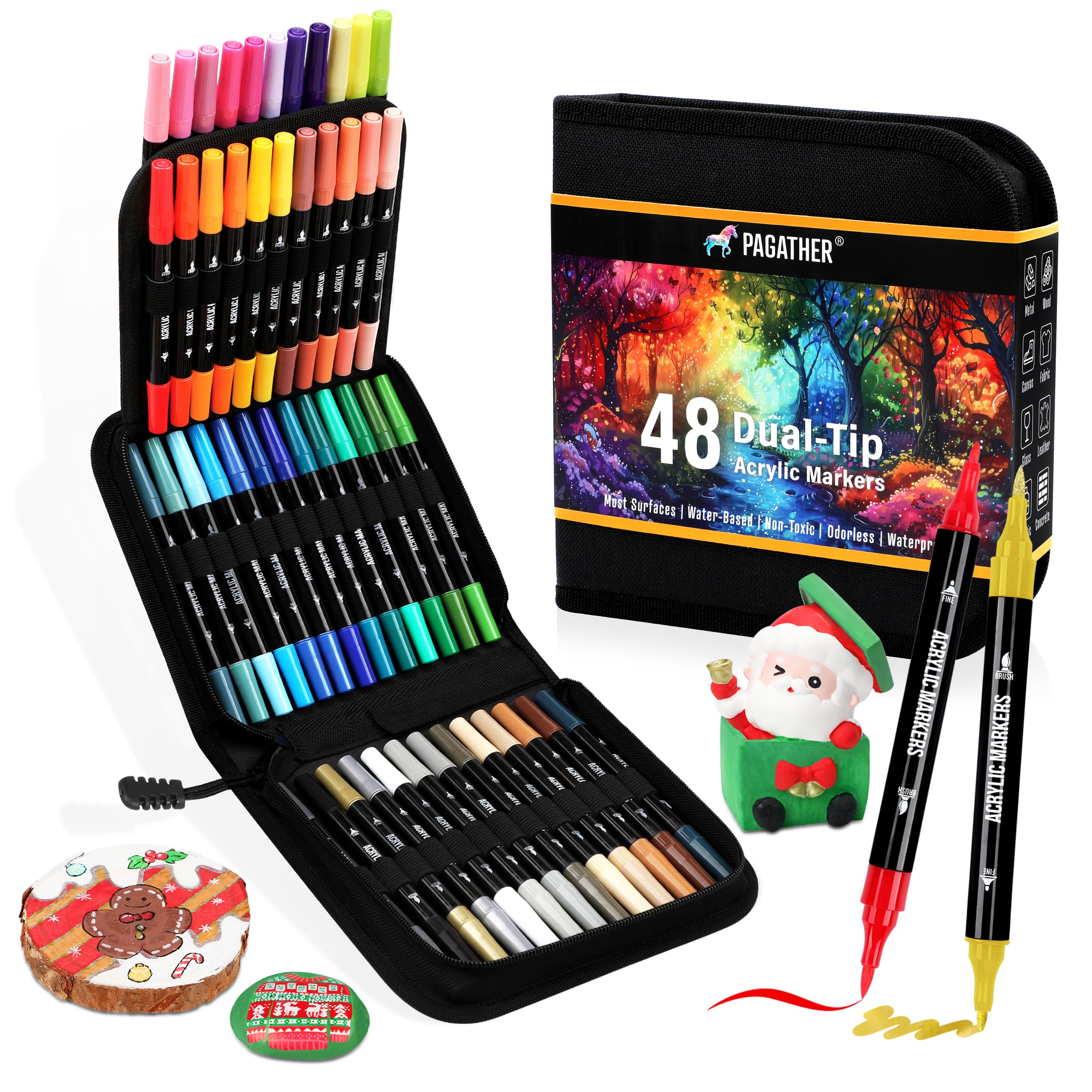 48 Colors Acrylic Paint Markers, Dual Tip with Fine Tip and Brush Tip Pens for Stone, Wood, Calligraphy, Canvas, Ceramic, Metal, Glass, Rock Painting, DIY Crafts Art Supplies Kit