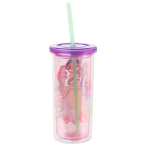 Silver Buffalo Disney Princess Plastic Tall Cold Cup with Lid and Reusable Straw Featuring Moana, Rapunzel, Ariel, Tiana, Belle, and Cinderella, 20 Ounces