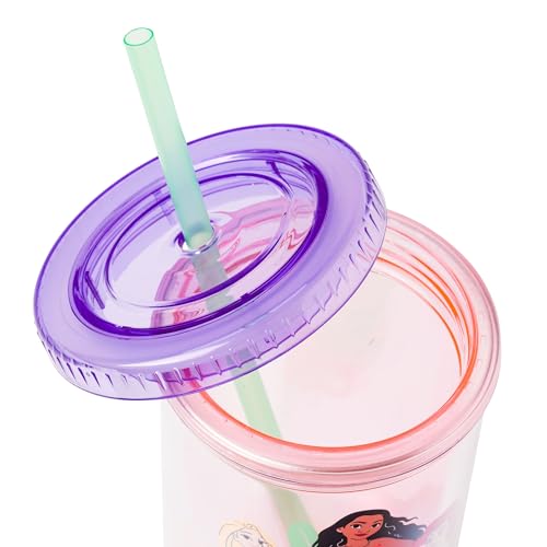 Silver Buffalo Disney Princess Plastic Tall Cold Cup with Lid and Reusable Straw Featuring Moana, Rapunzel, Ariel, Tiana, Belle, and Cinderella, 20 Ounces