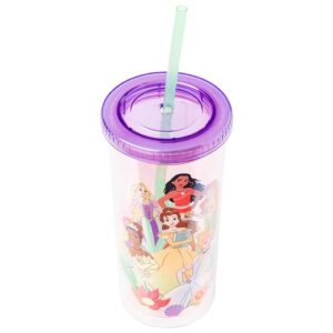 Silver Buffalo Disney Princess Plastic Tall Cold Cup with Lid and Reusable Straw Featuring Moana, Rapunzel, Ariel, Tiana, Belle, and Cinderella, 20 Ounces