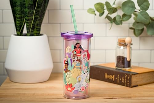 Silver Buffalo Disney Princess Plastic Tall Cold Cup with Lid and Reusable Straw Featuring Moana, Rapunzel, Ariel, Tiana, Belle, and Cinderella, 20 Ounces