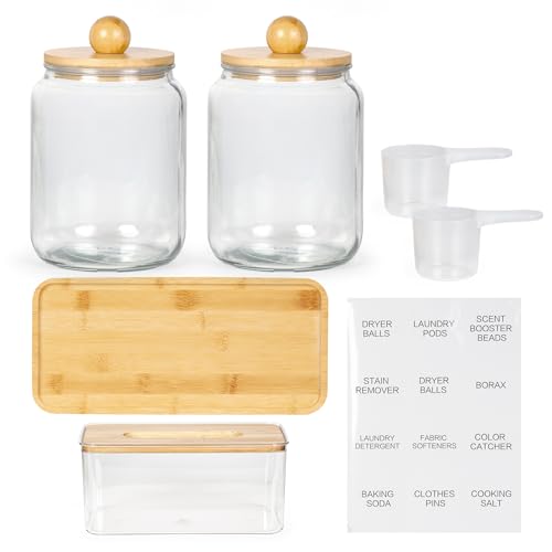 Glass Laundry Jars with Airtight Lids - Kitchen & Laundry Room Organization Containers with Dryer Sheet Holder,Bamboo Tray - Laundry Detergent Powder Half Gallon Storage Canisters with Labels