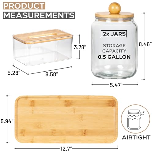 Glass Laundry Jars with Airtight Lids - Kitchen & Laundry Room Organization Containers with Dryer Sheet Holder,Bamboo Tray - Laundry Detergent Powder Half Gallon Storage Canisters with Labels