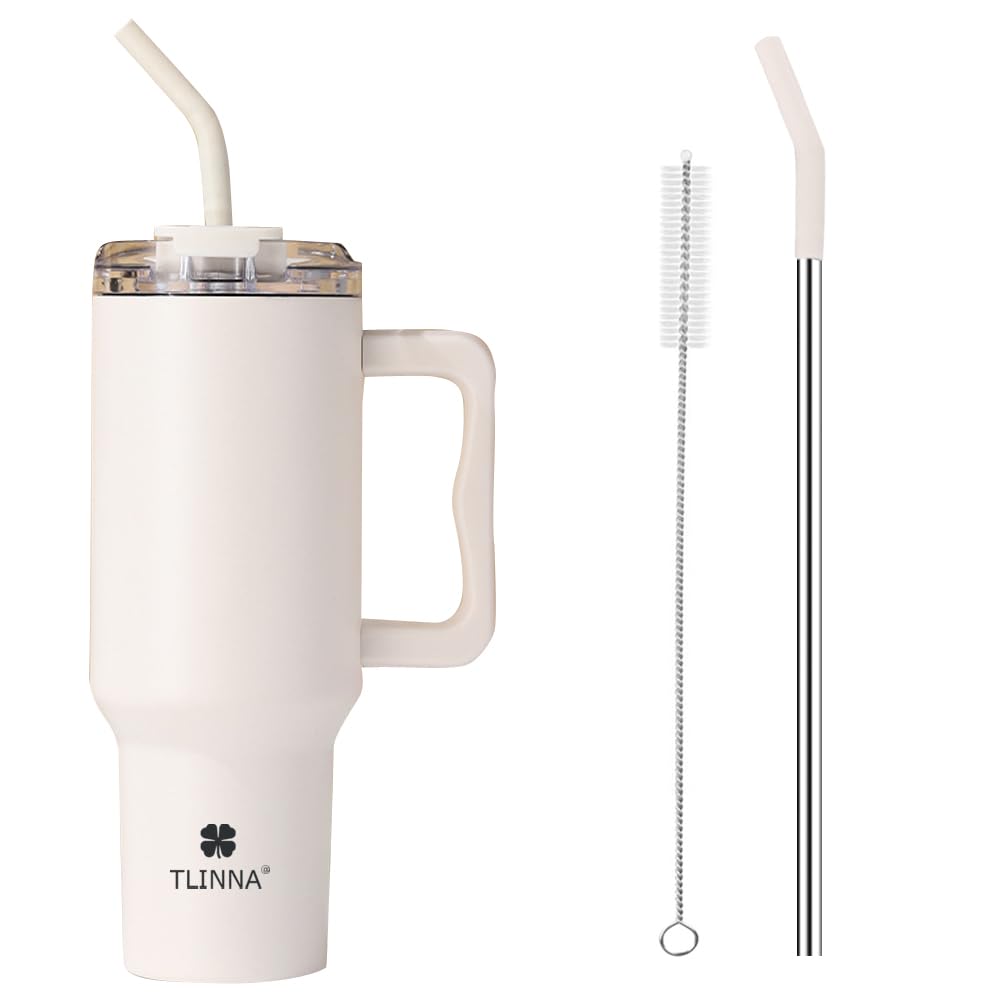 TLINNA 40oz Stainless Steel Vacuum Insulated Tumbler with Lid and Straw for Water, Iced Tea or Coffee, Smoothie and More (Gream White, 40 oz)