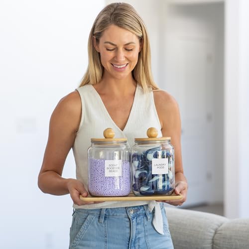 Glass Laundry Jars with Airtight Lids - Kitchen & Laundry Room Organization Containers with Dryer Sheet Holder,Bamboo Tray - Laundry Detergent Powder Half Gallon Storage Canisters with Labels