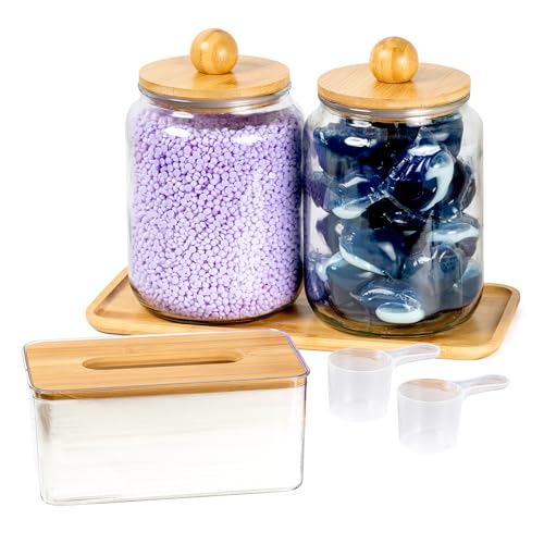 Glass Laundry Jars with Airtight Lids - Kitchen & Laundry Room Organization Containers with Dryer Sheet Holder,Bamboo Tray - Laundry Detergent Powder Half Gallon Storage Canisters with Labels