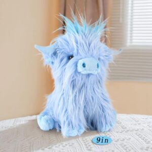 Uniwirtec Stuffed Animals Highland Cows 9 Inches Cute Stuff Fluffy Cattle Dolls Farm Toys Plushie Pillows Birthday Gifts for Baby Kids Girls Boys Toddler Preschool Realistic Plush Decor (Blue)