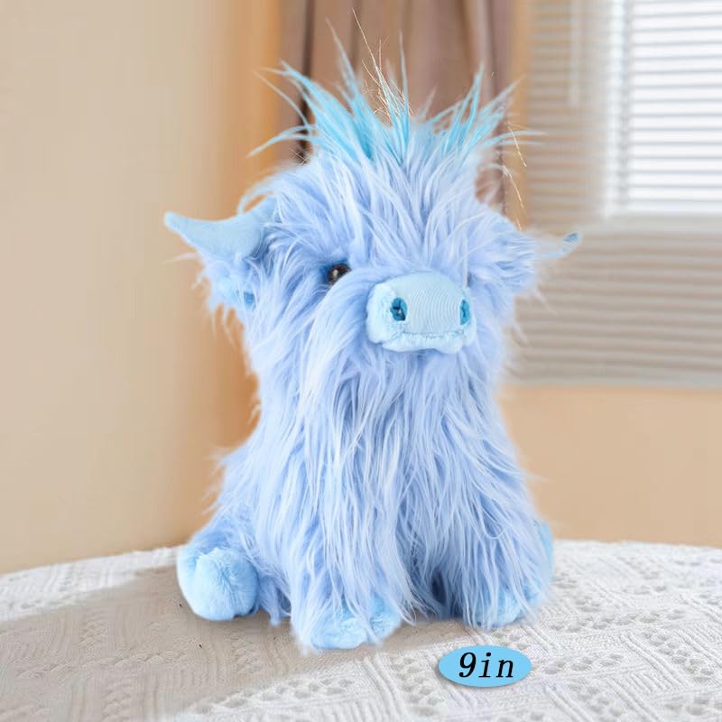 Uniwirtec Stuffed Animals Highland Cows 9 Inches Cute Stuff Fluffy Cattle Dolls Farm Toys Plushie Pillows Birthday Gifts for Baby Kids Girls Boys Toddler Preschool Realistic Plush Decor (Blue)