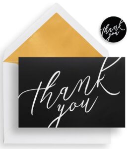 bornpaper 120 set white thank you cards with envelopes, gold interior elegance, black & white cards, matching stickers - perfect for wedding, bridal shower, business, baby shower, funeral, graduation