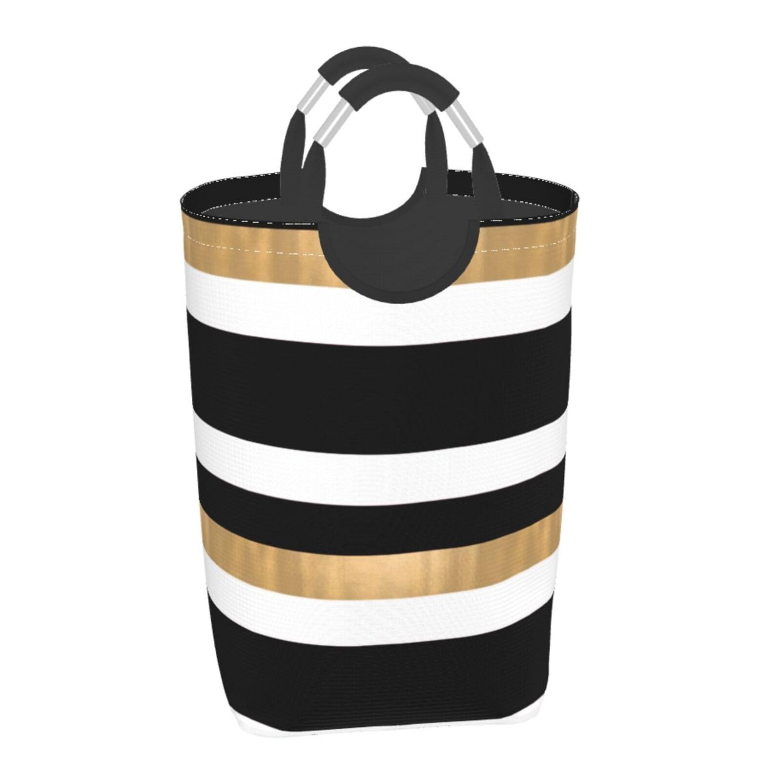 Large Laundry Hamper Bag, Modern Black White and Gold Striped Laundry Basket Collapsible Dirty Clothes Storage Washing Bin for Bathroom, Dorm Essentials