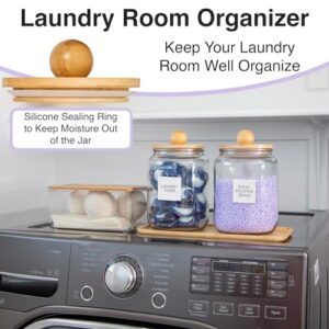 Glass Laundry Jars with Airtight Lids - Kitchen & Laundry Room Organization Containers with Dryer Sheet Holder,Bamboo Tray - Laundry Detergent Powder Half Gallon Storage Canisters with Labels