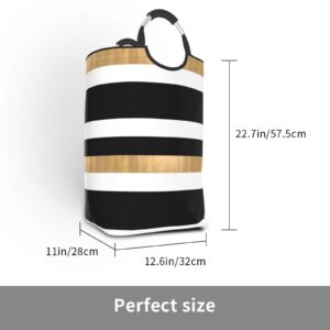 Large Laundry Hamper Bag, Modern Black White and Gold Striped Laundry Basket Collapsible Dirty Clothes Storage Washing Bin for Bathroom, Dorm Essentials