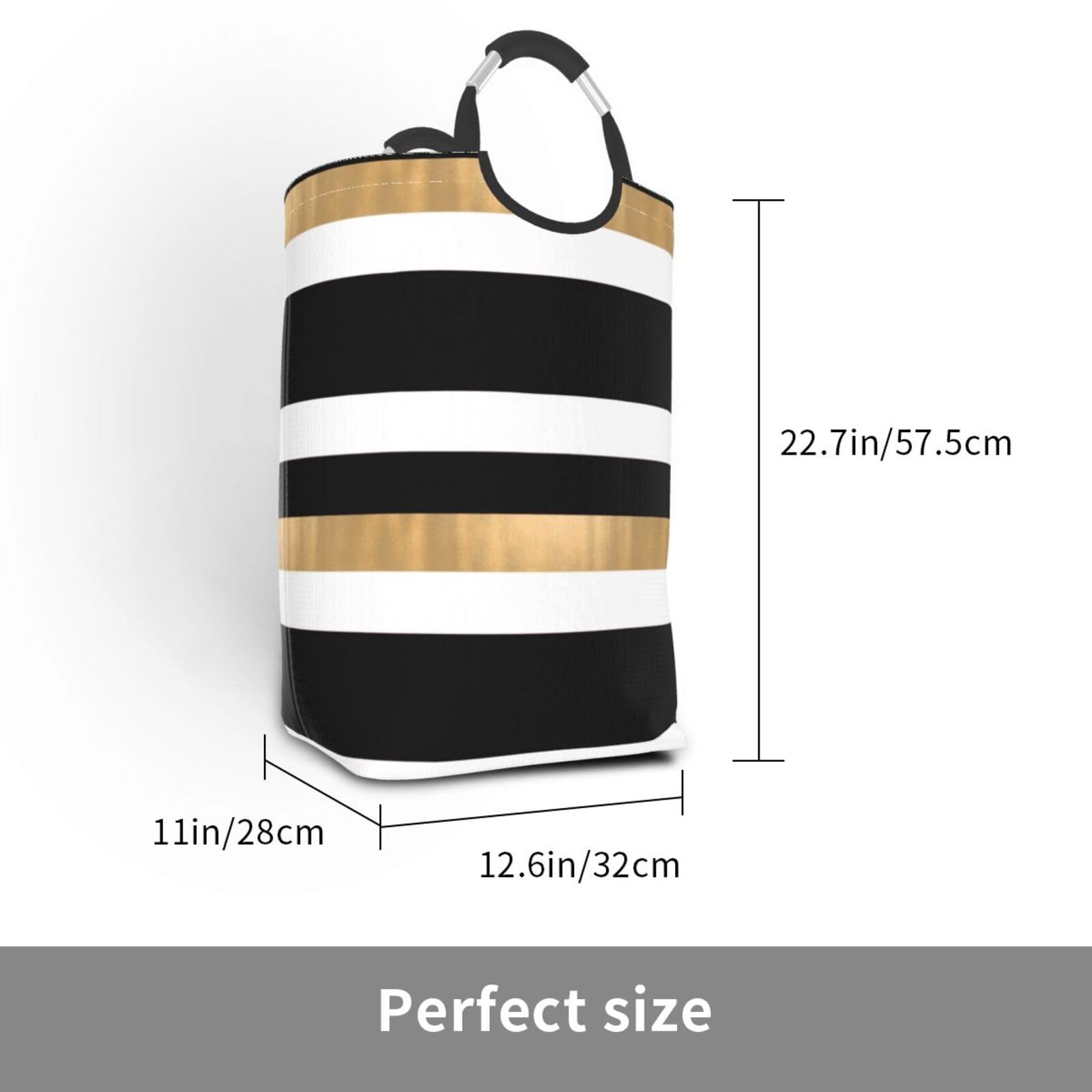 Large Laundry Hamper Bag, Modern Black White and Gold Striped Laundry Basket Collapsible Dirty Clothes Storage Washing Bin for Bathroom, Dorm Essentials