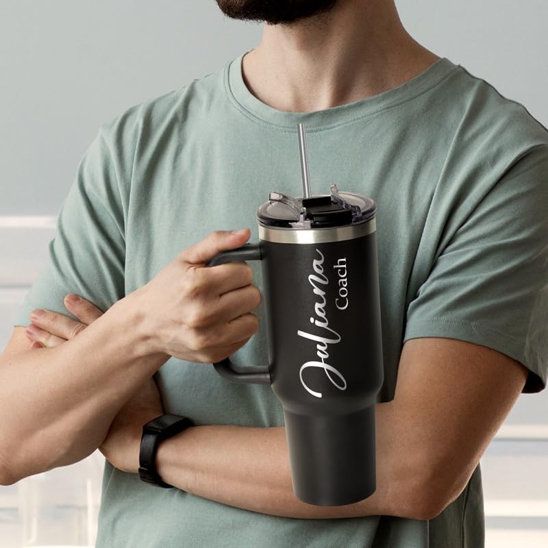 Personalized 40 Oz Tumbler with Handle, Custom Tumbler With Name - Lid and Straw, Stainless Steel Coffee Tumbler Travel Coffee Mug Cup, Personalized Gift for Women Men Birthday