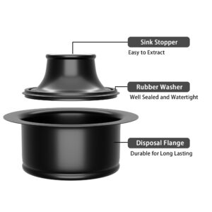 EXAKEY Kitchen Sink Garbage Disposal Flange and Stopper,Sink Drain Flange with Stopper for Garbage Disposal Stainless Steel Fit Universal 3-1/2 Inch Standard Sink Drain Opening Matte Black