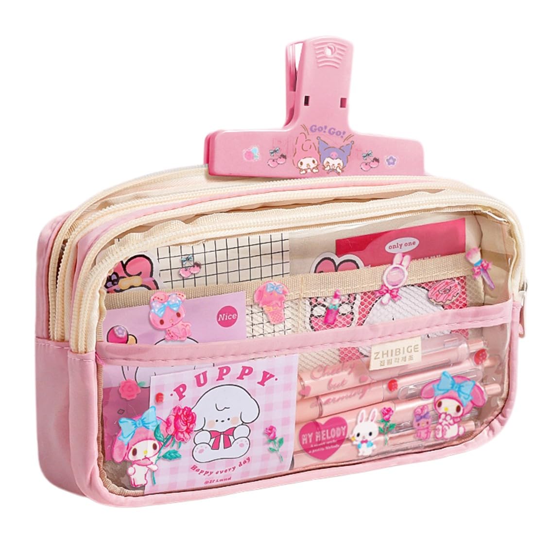 etnoreun Kawaii Cute Clear Pencil Case with Free Stickers Pen Pouch Spacious Multiple Compartments (Pink)