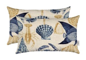 rsh decor: lumbar throw pillows set of 4 | 20” x 12" | all-weather spun fabric | water and fade-resistant | outdoor support pillows for patio furniture | blue tan crab