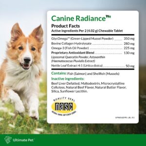 ULTIMATE PET NUTRITION Canine Radiance Skin Allergy Support Supplement for Dogs, Omega-3 Skin Hydration, Antioxidants to Prevent Itching and Strengthen Coat, 60 Chewable Tablets